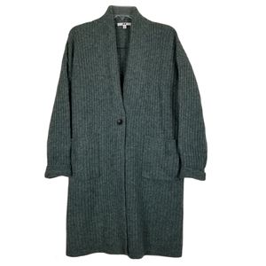 Long Cardigan 100% Wool Ribbed Green Pockets